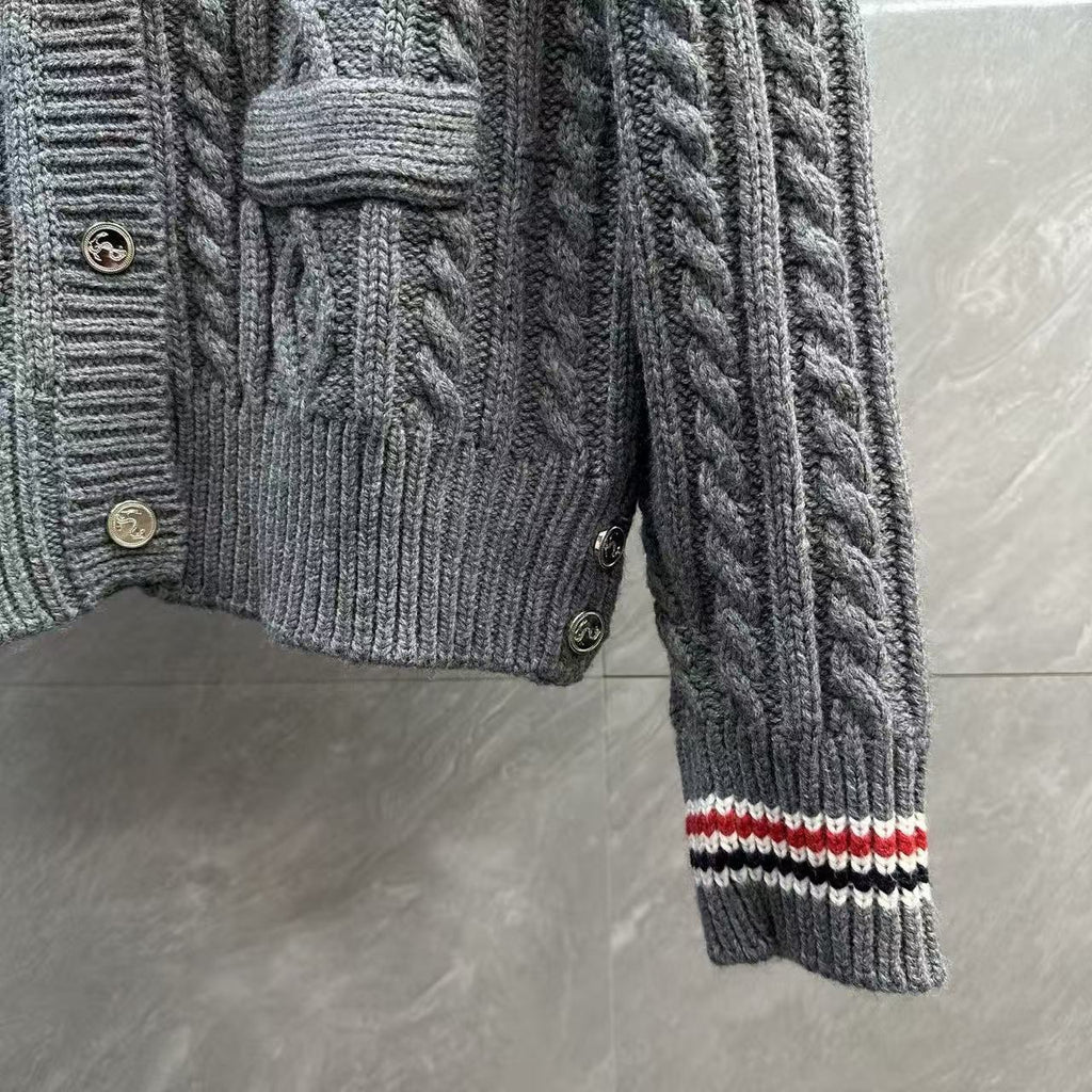 Thom Browne Style Gray Cable-Knit Collared Cardigan