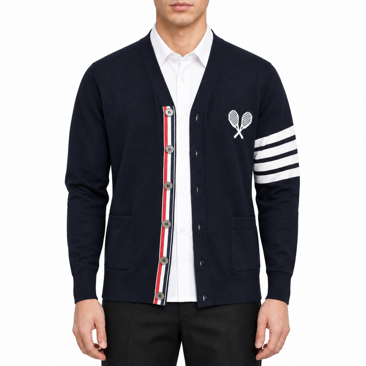 Tennis Racket Jacquard V-Neck Knit Cardigan | Thom Browne