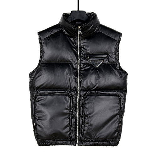 Prada Puffer Vest in Black with Stand Collar and Triangle Logo