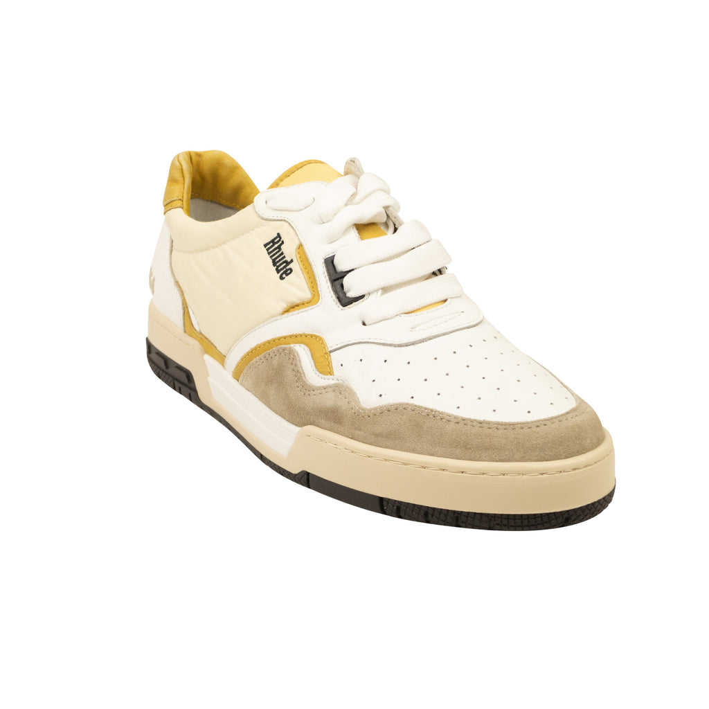 White & Mustard Leather Racing Sneakers