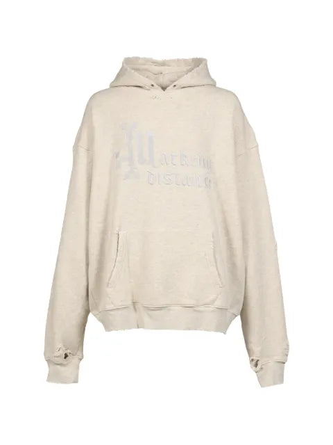 MARKING DISTANCE logo-embroidered distressed hoodie