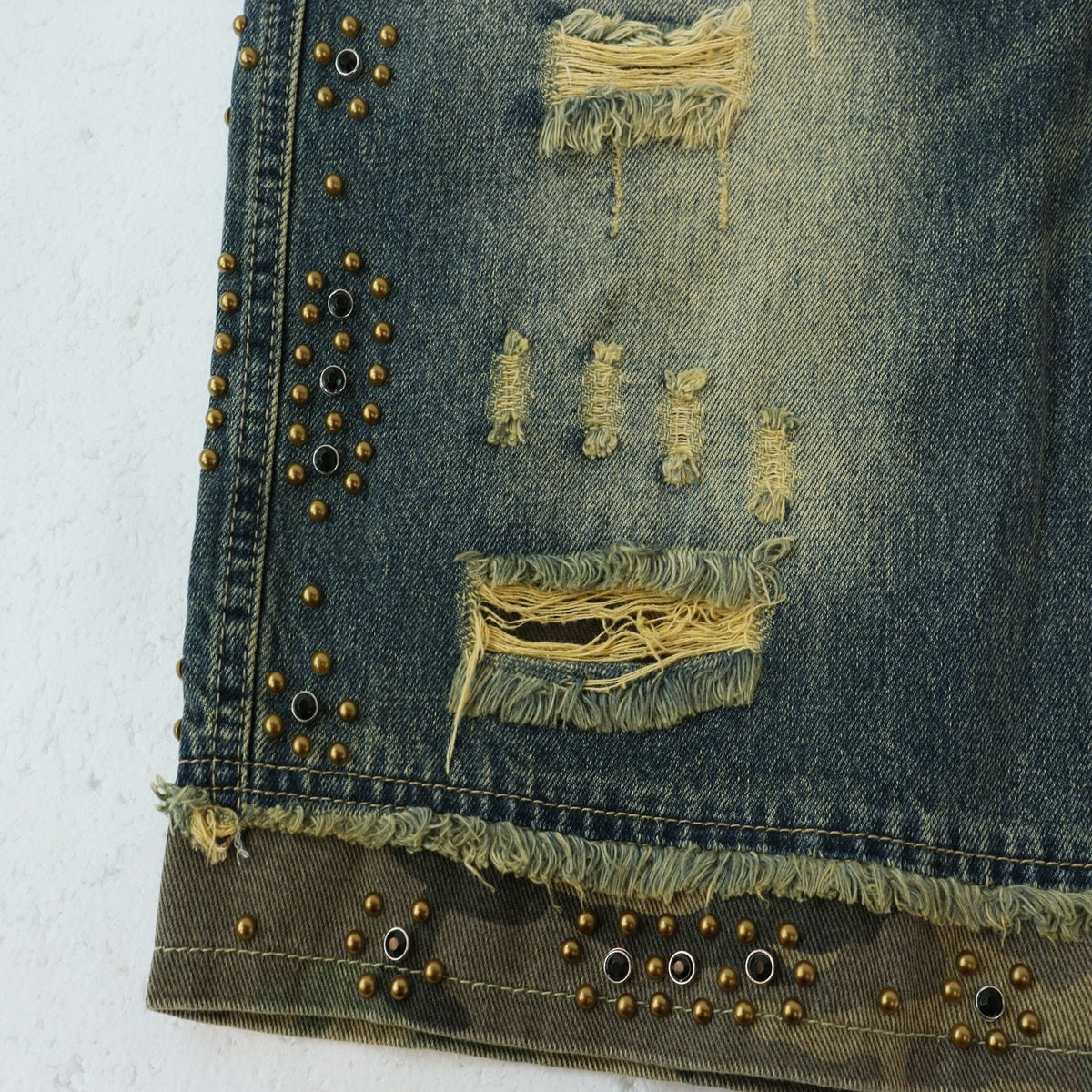 VALLEY Studded Distressed Washed Denim Shorts