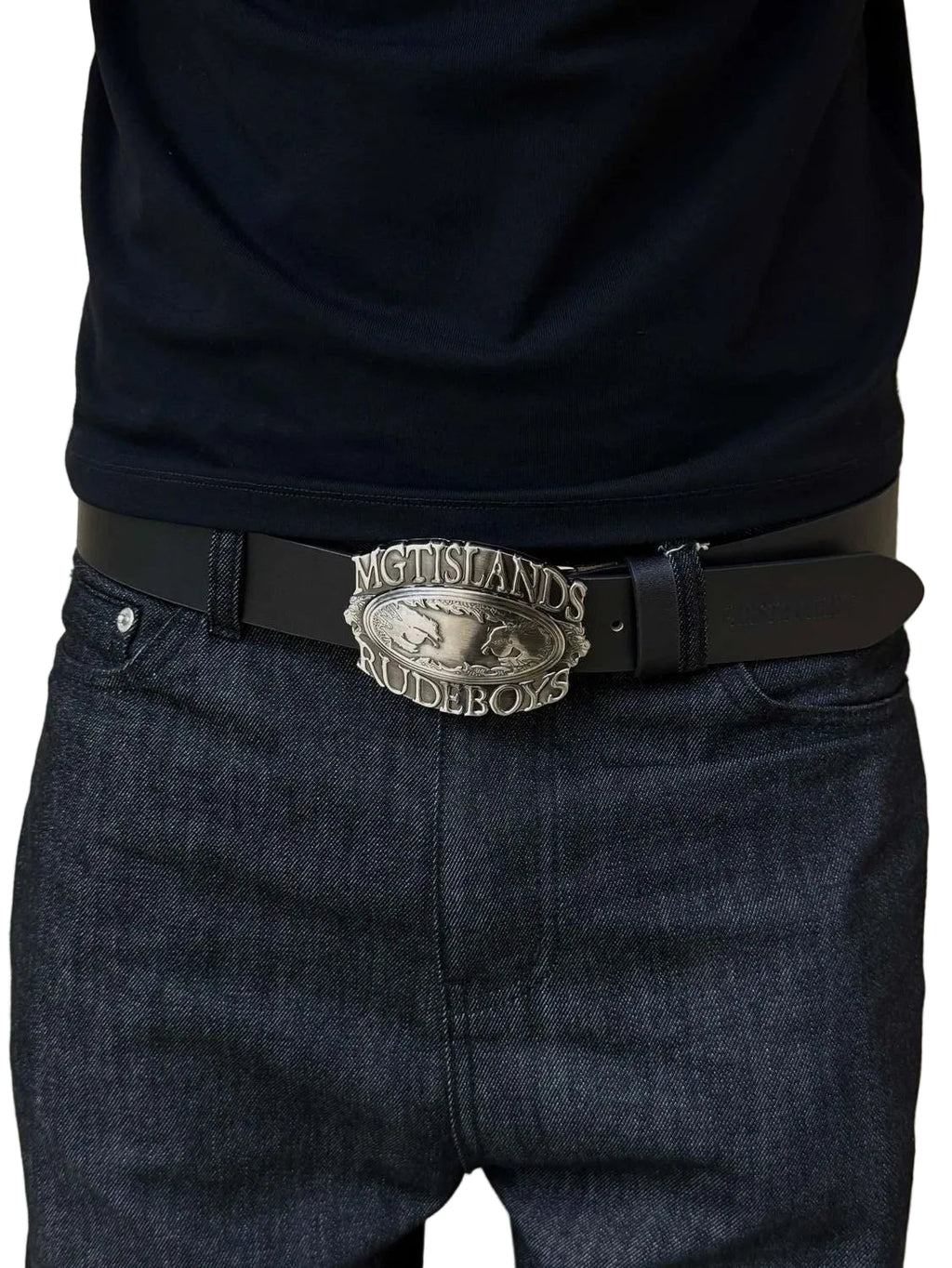MGTISLANDS RUDEBOYS Leather Belt Vintage Embossed Metal Buckle Waist