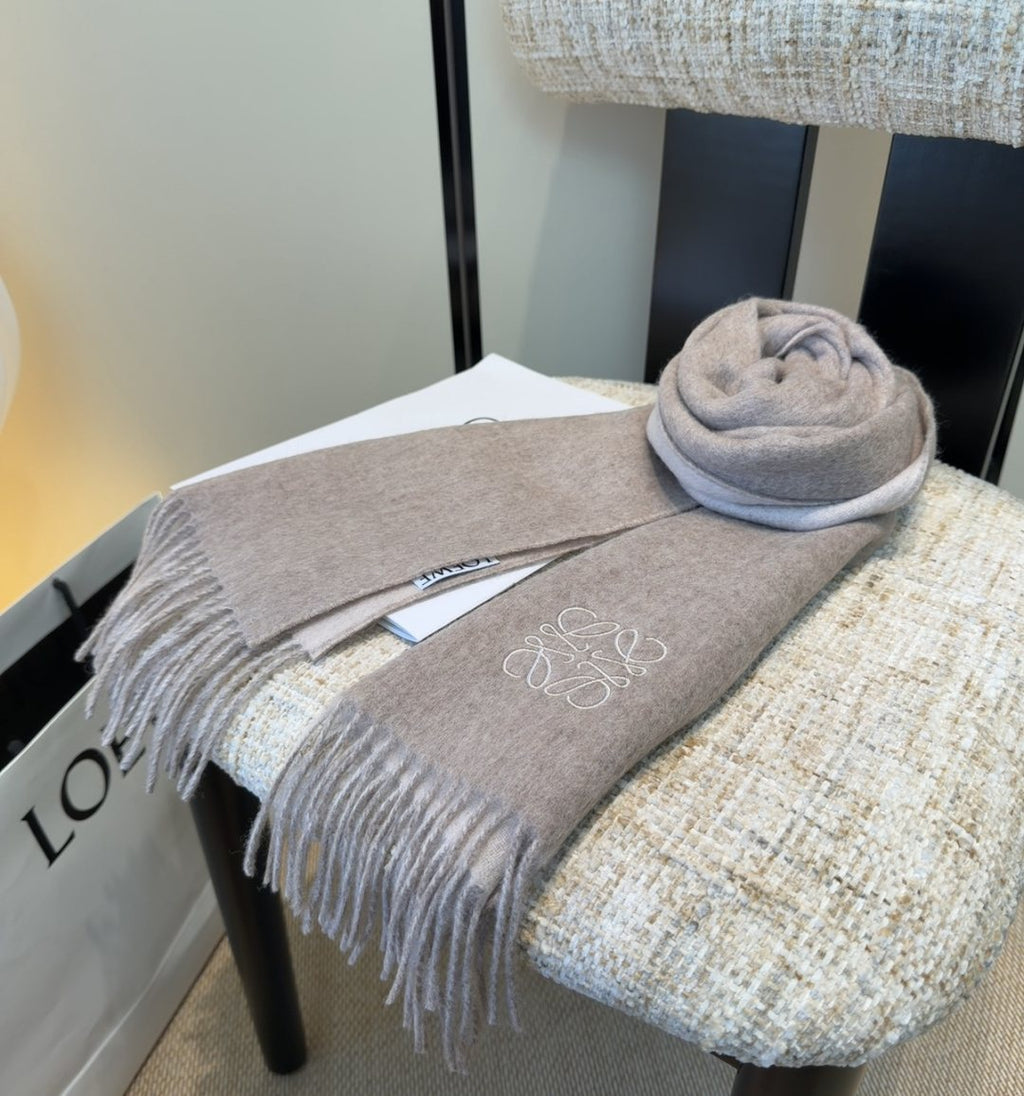 Loewe Taupe Gray and Light Beige Fringed Scarf