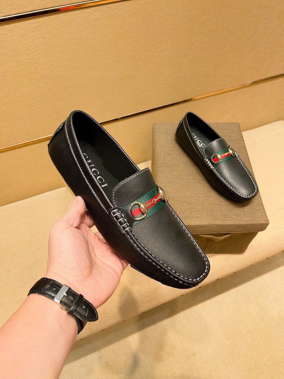Gucci Black Loafers with Red and Green Strap