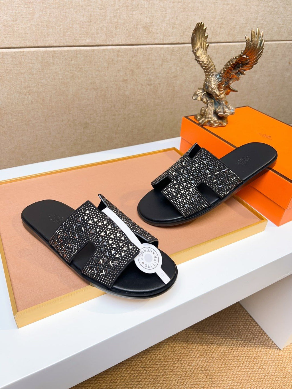 Hermès Black Textured H Slide Sandals - Open-Toe Slide Design