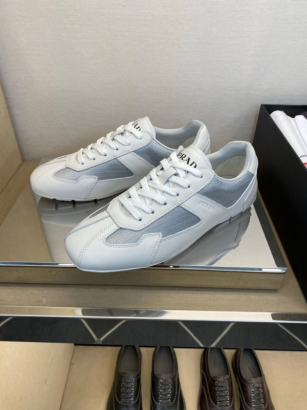 Prada Men's White and Light Gray Low-Top Sneakers