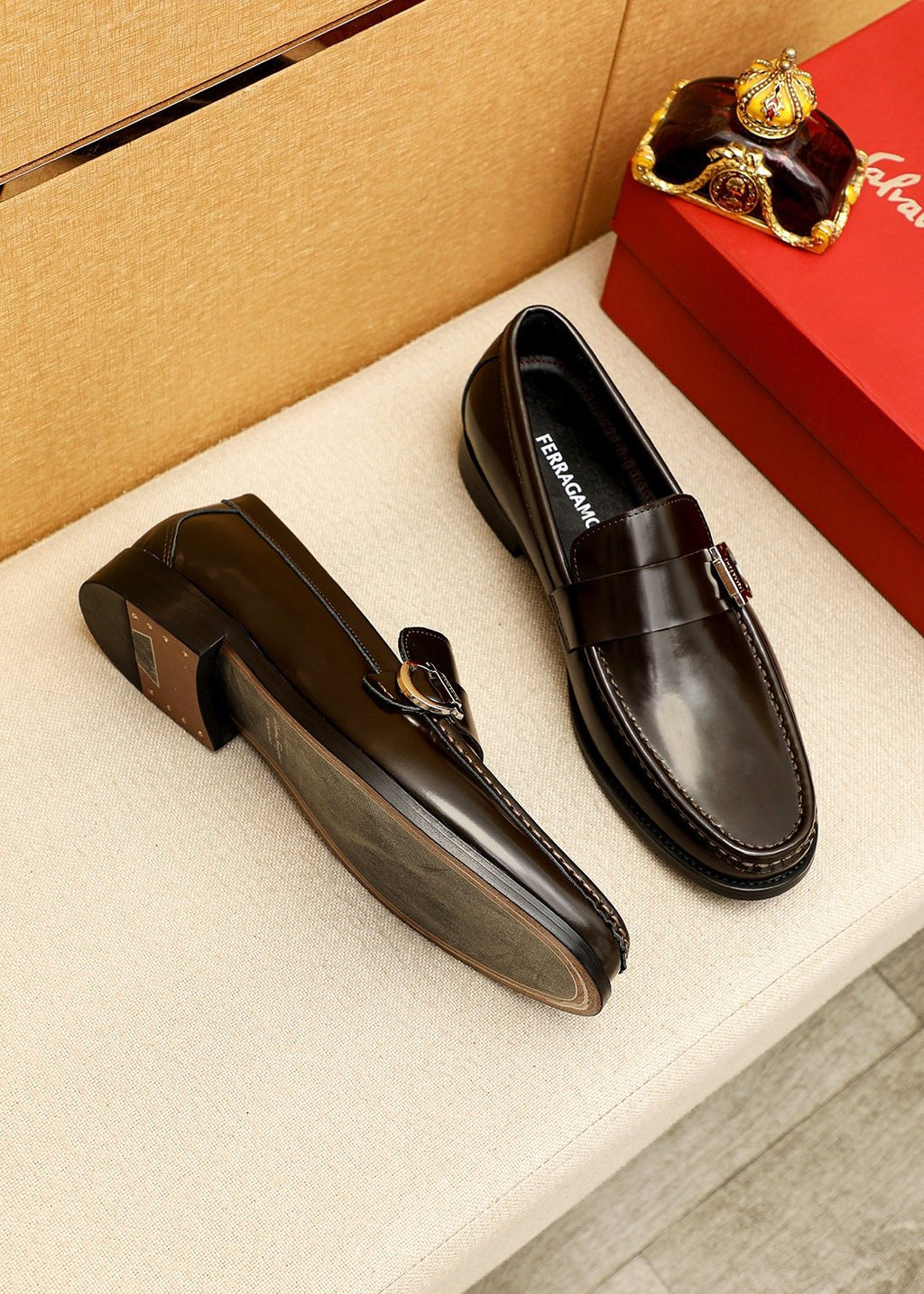Ferragamo Black Buckle Moc-Toe Loafers