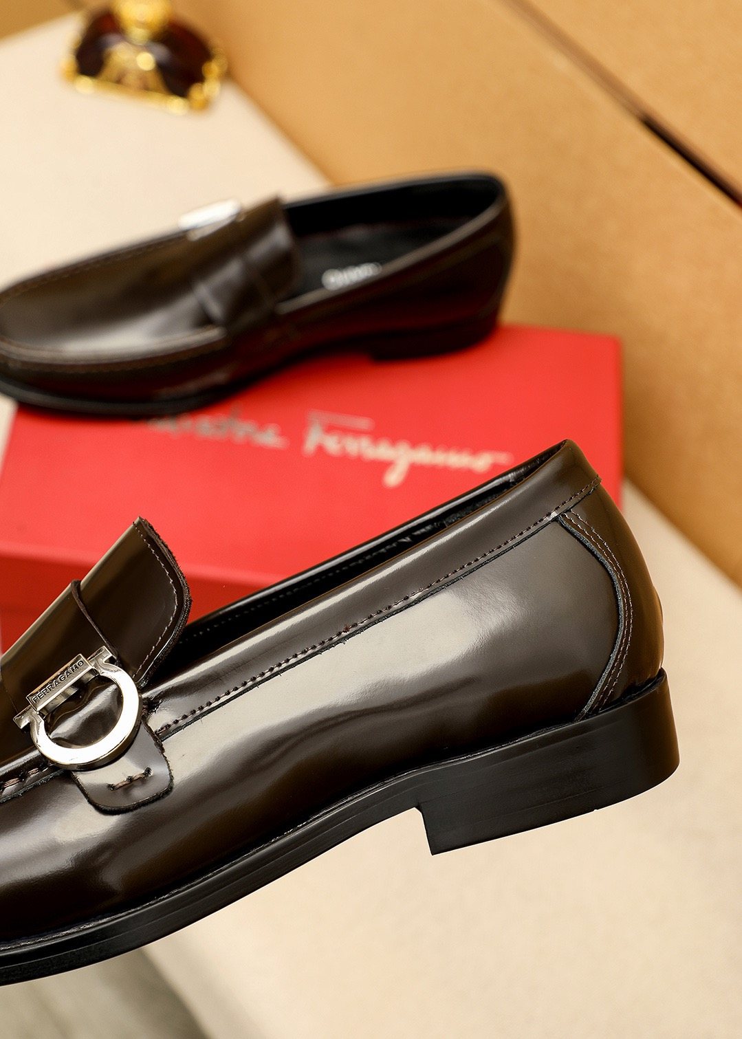 Ferragamo Black Buckle Moc-Toe Loafers
