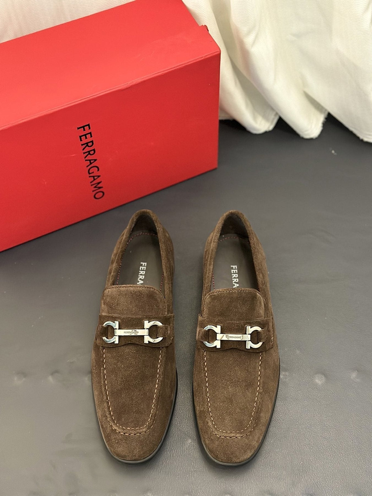 Ferragamo Brown Metal-Detail Loafers