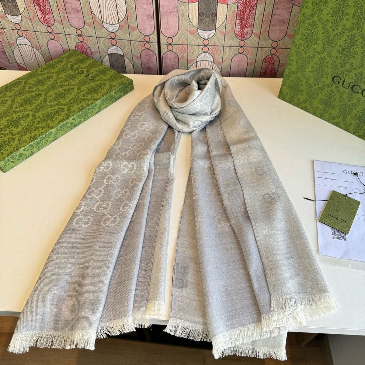 Gucci Reversible Monogram Fringe Scarf