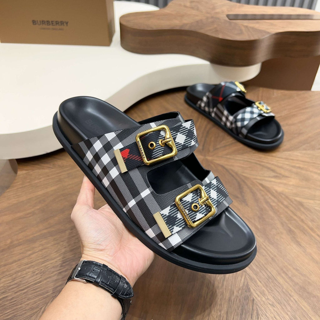 Burberry Plaid Buckle Slide Sandals - Cross Straps